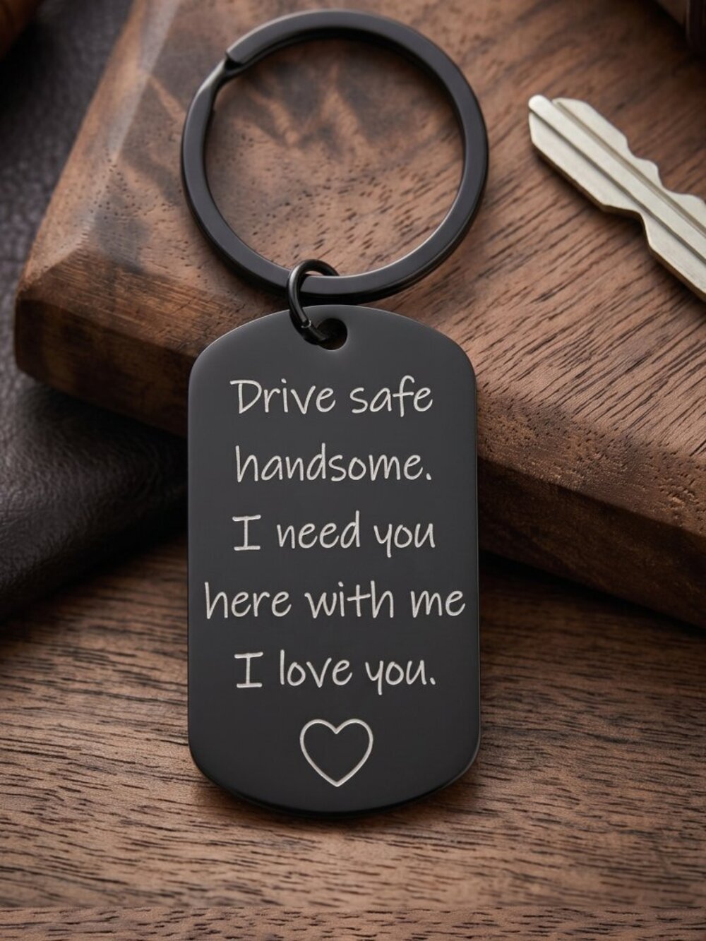 3/$25 NIP | Drive Safe Handsome Engraved Black Metal Dog Tag Keychain